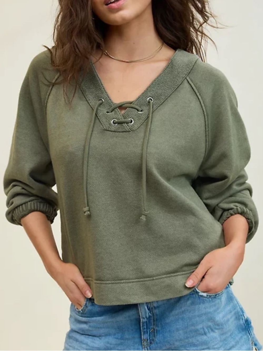 Aerie Lace Up Sweatshirt in Olive Green Size Small